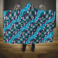 Polynesian Monstera Tiare Floral Hooded Blanket Dark Teal Tropical Plaid - Polynesian Pride