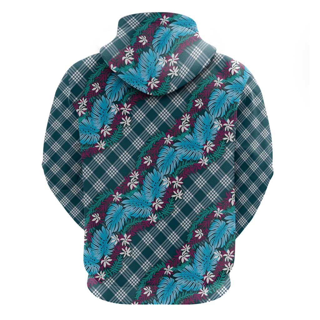 Polynesian Monstera Tiare Floral Hoodie Dark Teal Tropical Plaid - Polynesian Pride