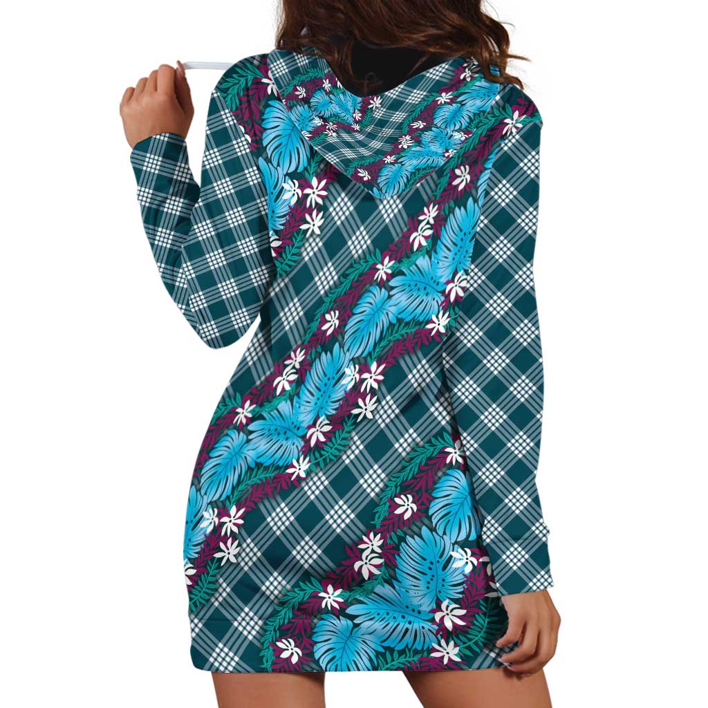 Polynesian Monstera Tiare Floral Hoodie Dress Dark Teal Tropical Plaid - Polynesian Pride
