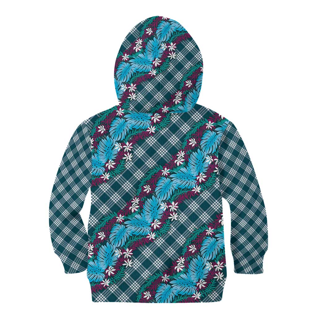 Polynesian Monstera Tiare Floral Kid Hoodie Dark Teal Tropical Plaid - Polynesian Pride