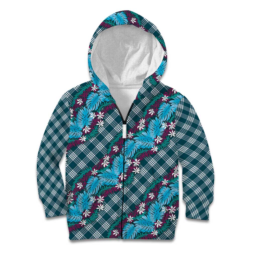 Polynesian Monstera Tiare Floral Kid Hoodie Dark Teal Tropical Plaid - Polynesian Pride