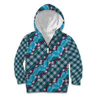 Polynesian Monstera Tiare Floral Kid Hoodie Dark Teal Tropical Plaid - Polynesian Pride
