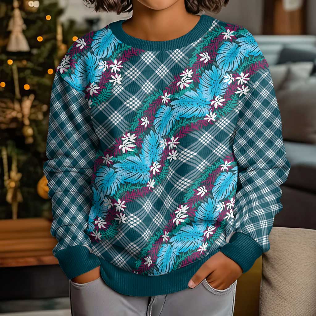 Polynesian Monstera Tiare Floral Kid Ugly Christmas Sweater Dark Teal Tropical Plaid - Polynesian Pride