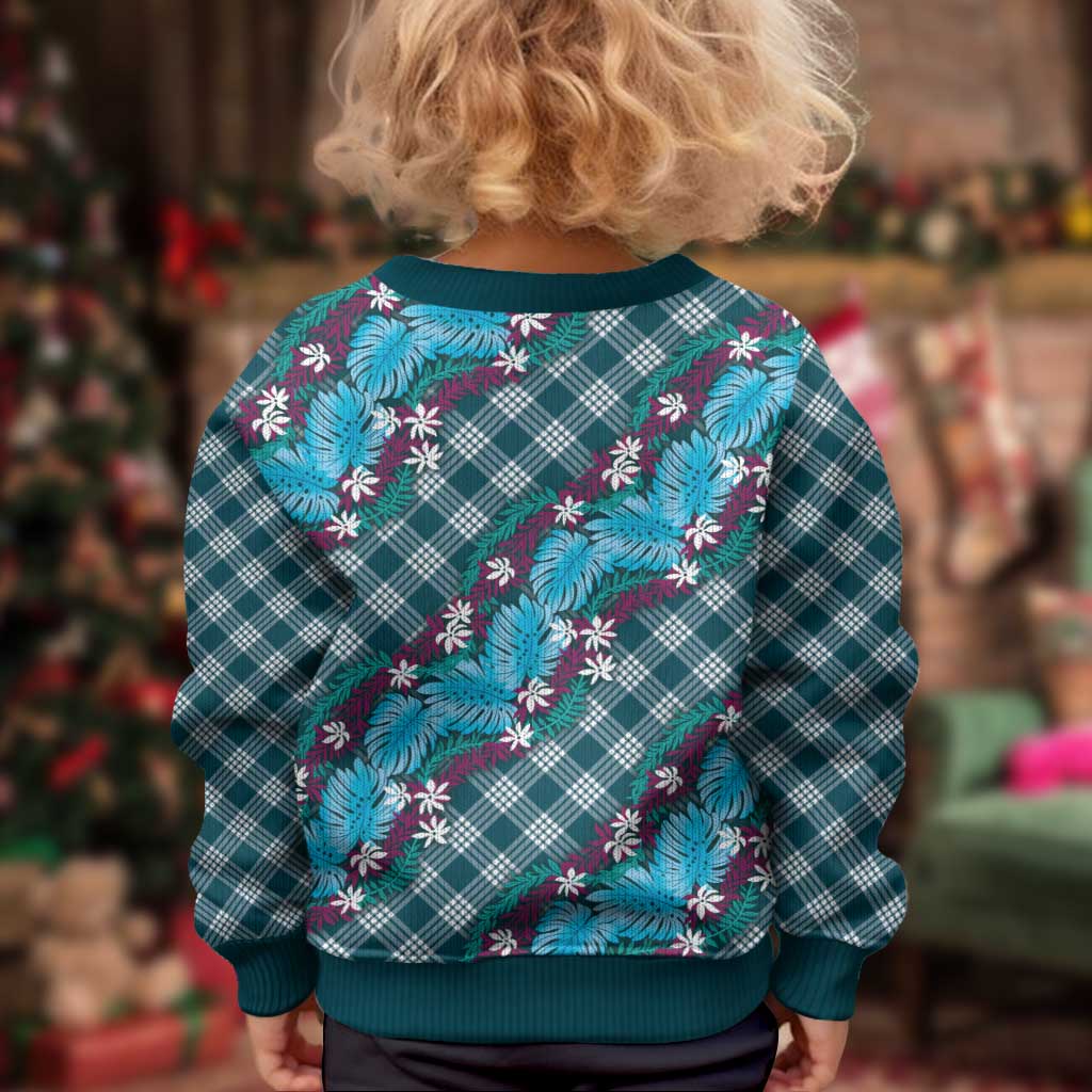 Polynesian Monstera Tiare Floral Kid Ugly Christmas Sweater Dark Teal Tropical Plaid - Polynesian Pride