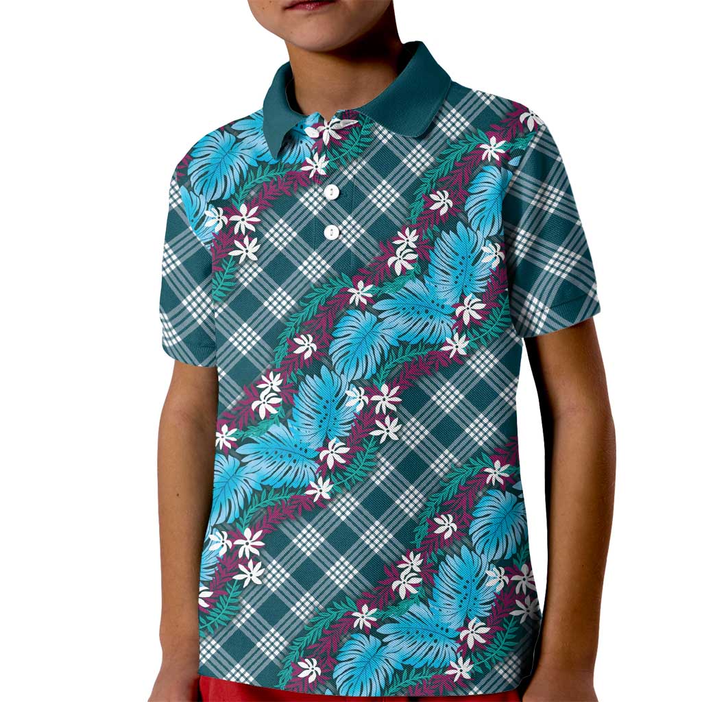 Polynesian Monstera Tiare Floral Kid Polo Shirt Dark Teal Tropical Plaid - Polynesian Pride