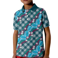 Polynesian Monstera Tiare Floral Kid Polo Shirt Dark Teal Tropical Plaid - Polynesian Pride
