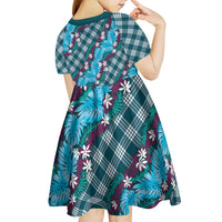 Polynesian Monstera Tiare Floral Kid Short Sleeve Dress Dark Teal Tropical Plaid - Polynesian Pride