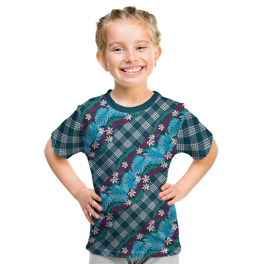 Polynesian Monstera Tiare Floral Kid T Shirt Dark Teal Tropical Plaid - Polynesian Pride