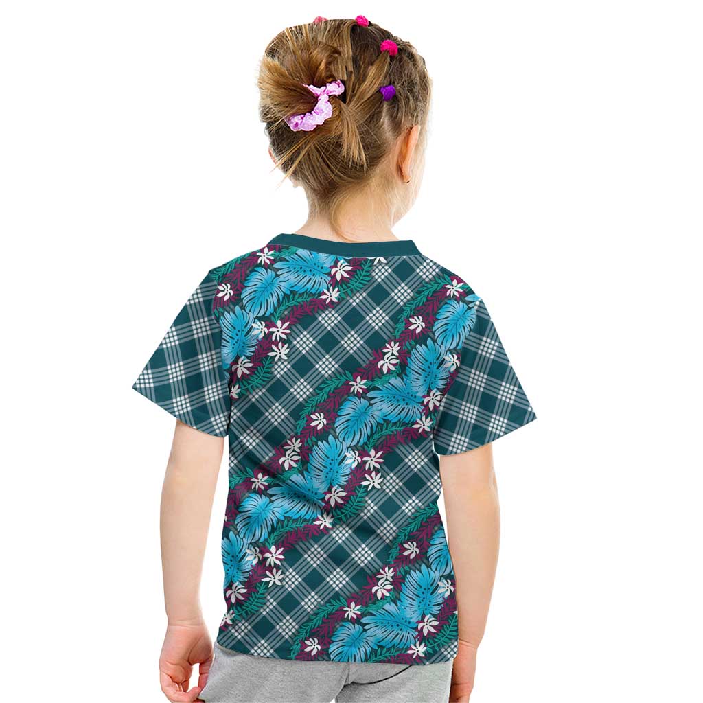 Polynesian Monstera Tiare Floral Kid T Shirt Dark Teal Tropical Plaid - Polynesian Pride