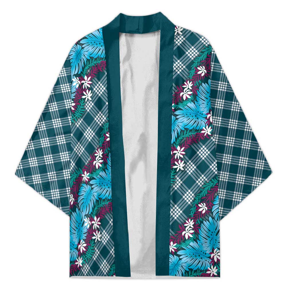 Polynesian Monstera Tiare Floral Kimono Dark Teal Tropical Plaid - Polynesian Pride