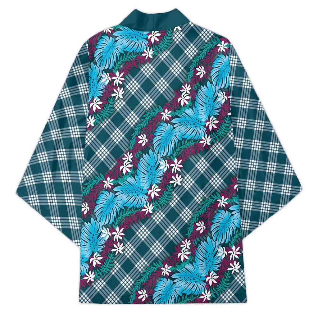 Polynesian Monstera Tiare Floral Kimono Dark Teal Tropical Plaid - Polynesian Pride