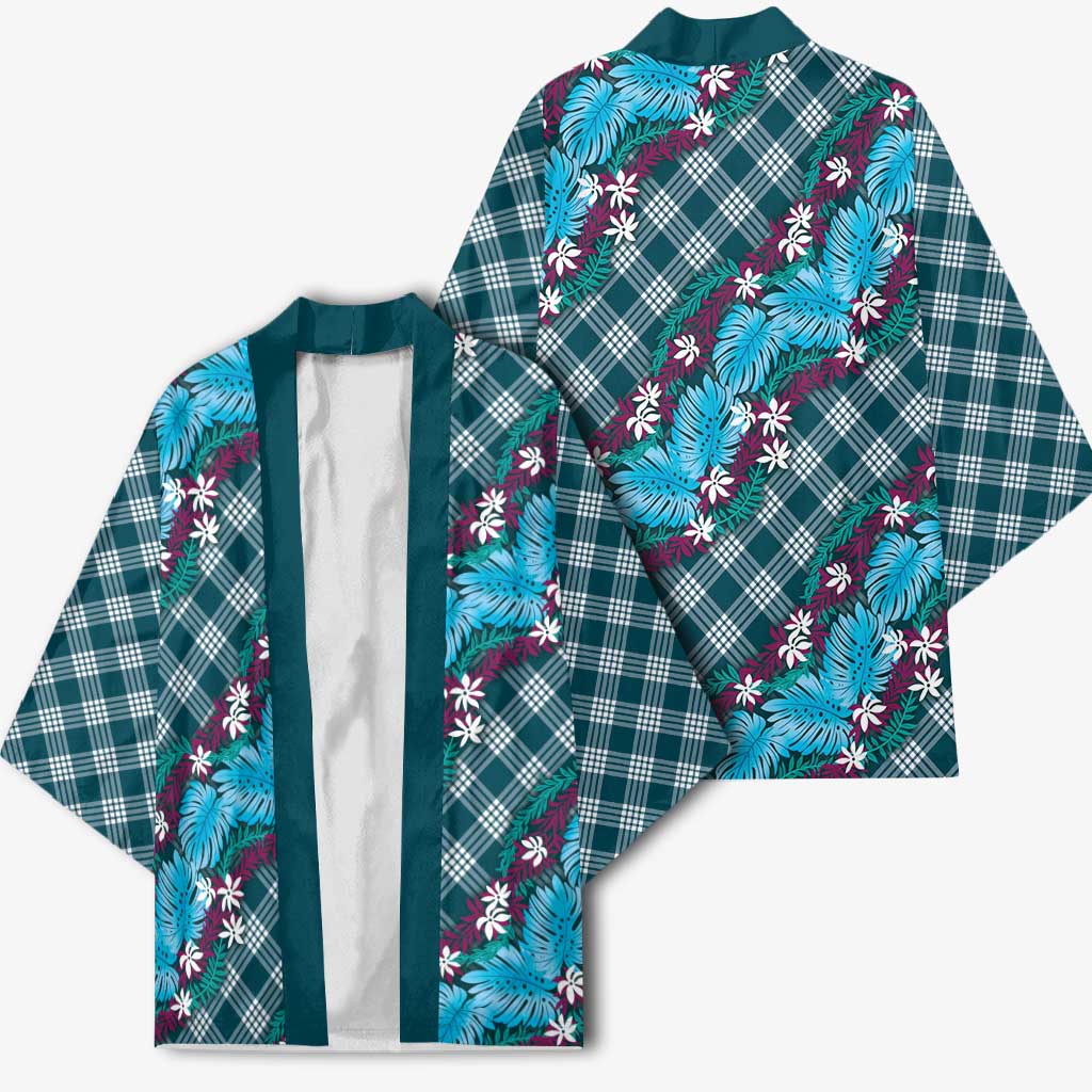 Polynesian Monstera Tiare Floral Kimono Dark Teal Tropical Plaid - Polynesian Pride