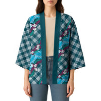 Polynesian Monstera Tiare Floral Kimono Dark Teal Tropical Plaid - Polynesian Pride