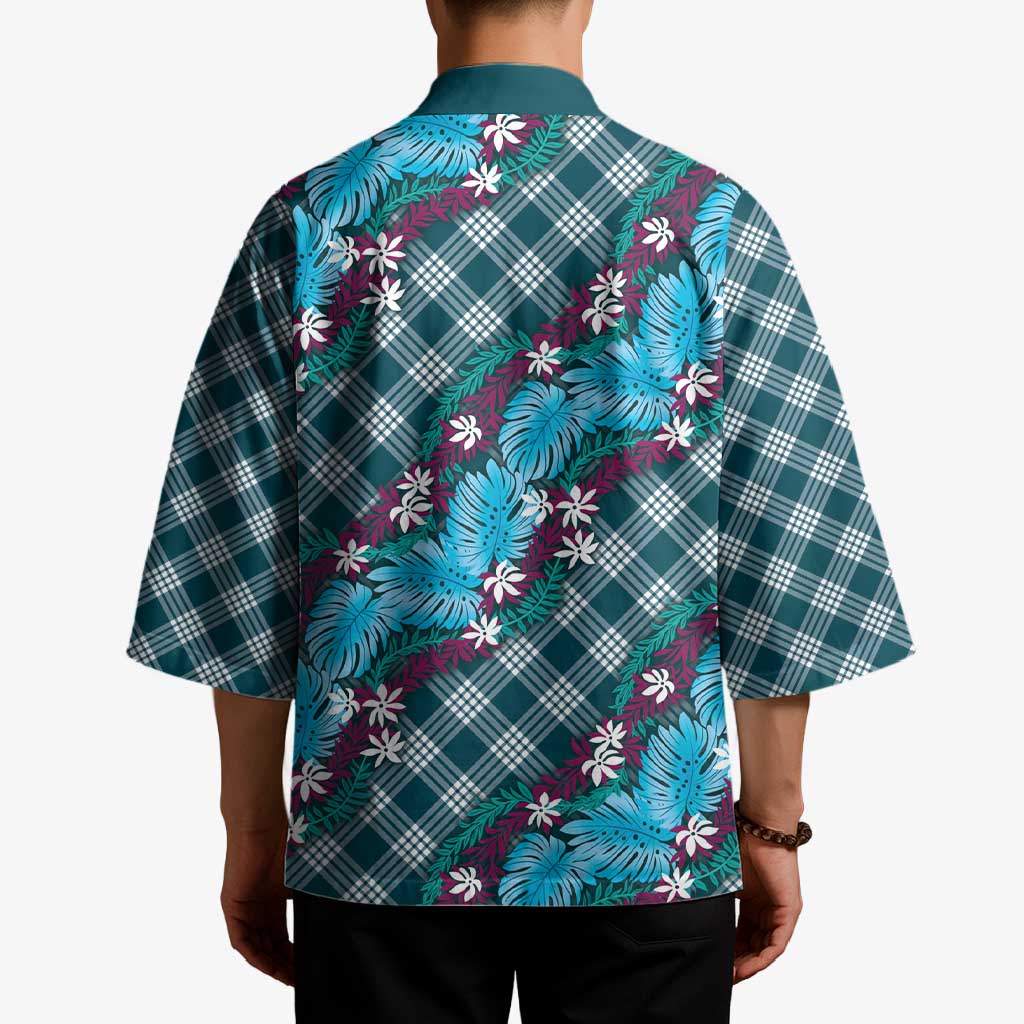 Polynesian Monstera Tiare Floral Kimono Dark Teal Tropical Plaid - Polynesian Pride