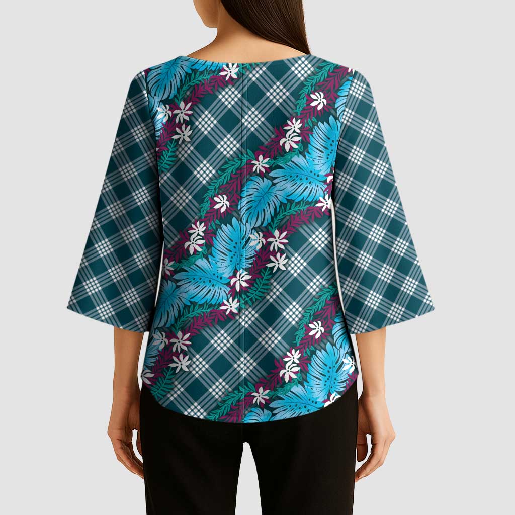 Polynesian Monstera Tiare Floral Kimono Sleeve Blouse Dark Teal Tropical Plaid - Polynesian Pride