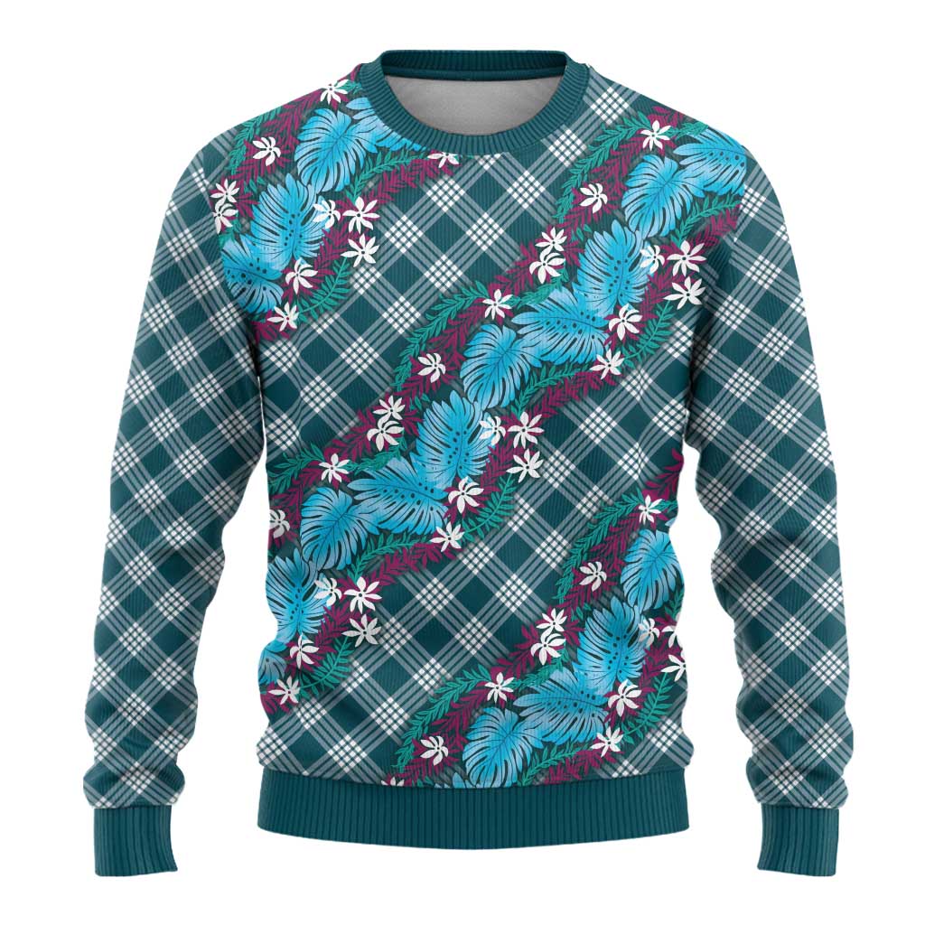 Polynesian Monstera Tiare Floral Ugly Christmas Sweater Dark Teal Tropical Plaid - Polynesian Pride