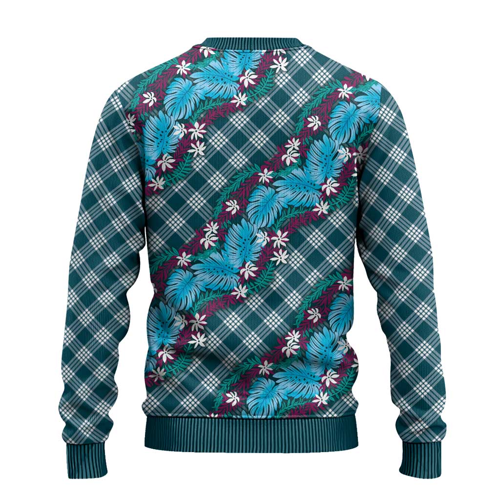 Polynesian Monstera Tiare Floral Ugly Christmas Sweater Dark Teal Tropical Plaid - Polynesian Pride
