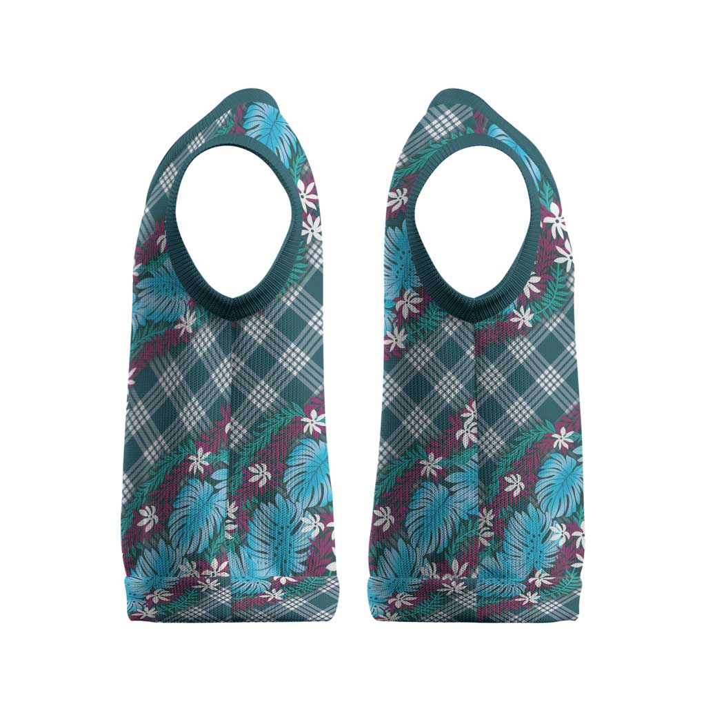 Polynesian Monstera Tiare Floral Christmas Knitted V-Neck Vest Dark Teal Tropical Plaid - Polynesian Pride