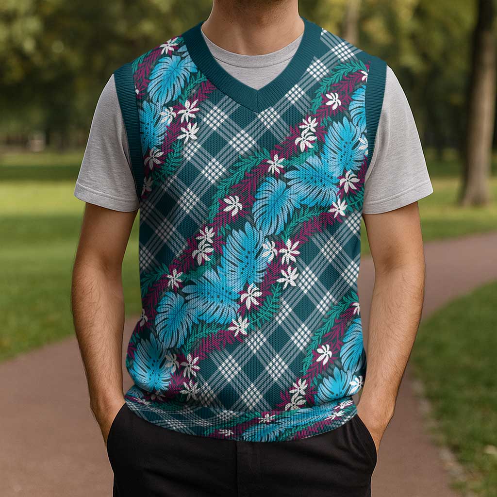 Polynesian Monstera Tiare Floral Christmas Knitted V-Neck Vest Dark Teal Tropical Plaid - Polynesian Pride