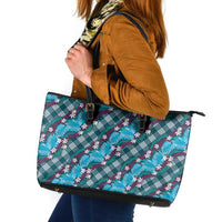 Polynesian Monstera Tiare Floral Leather Tote Bag Dark Teal Tropical Plaid - Polynesian Pride