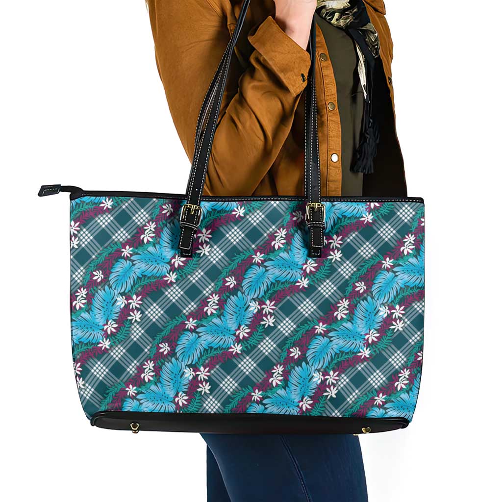 Polynesian Monstera Tiare Floral Leather Tote Bag Dark Teal Tropical Plaid - Polynesian Pride