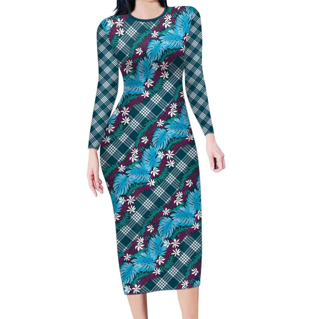 Polynesian Monstera Tiare Floral Long Sleeve Bodycon Dress Dark Teal Tropical Plaid - Polynesian Pride