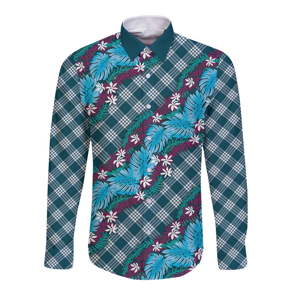 Polynesian Monstera Tiare Floral Long Sleeve Button Shirt Dark Teal Tropical Plaid - Polynesian Pride