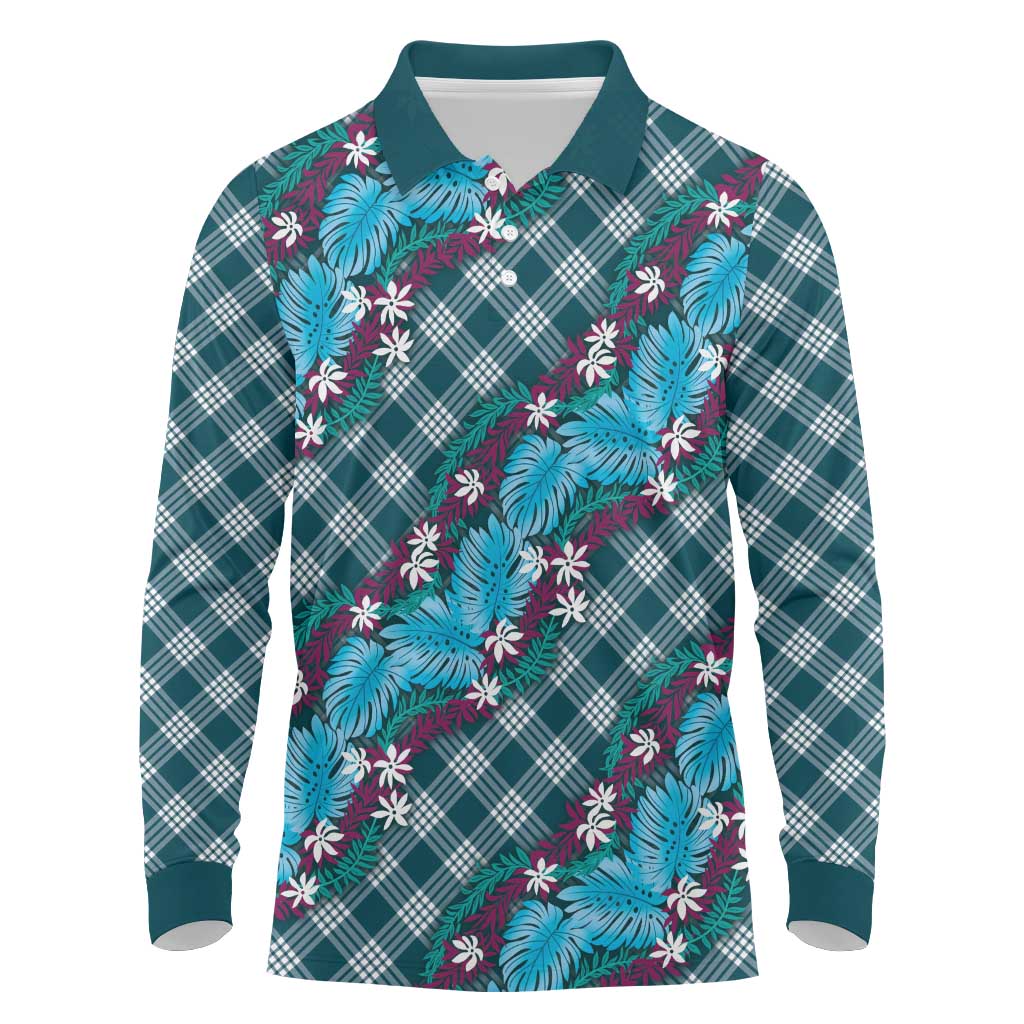 Polynesian Monstera Tiare Floral Long Sleeve Polo Shirt Dark Teal Tropical Plaid - Polynesian Pride