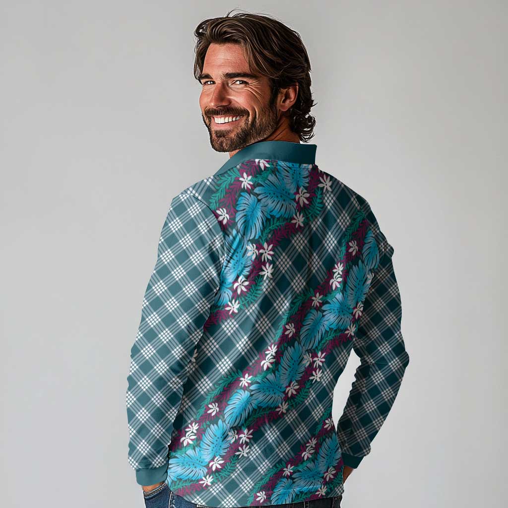 Polynesian Monstera Tiare Floral Long Sleeve Polo Shirt Dark Teal Tropical Plaid - Polynesian Pride