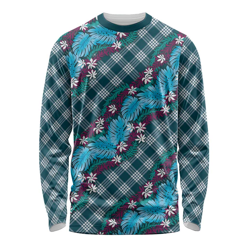 Polynesian Monstera Tiare Floral Long Sleeve Shirt Dark Teal Tropical Plaid - Polynesian Pride