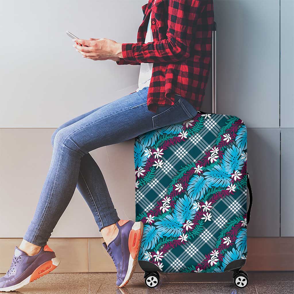 Polynesian Monstera Tiare Floral Luggage Cover Dark Teal Tropical Plaid - Polynesian Pride