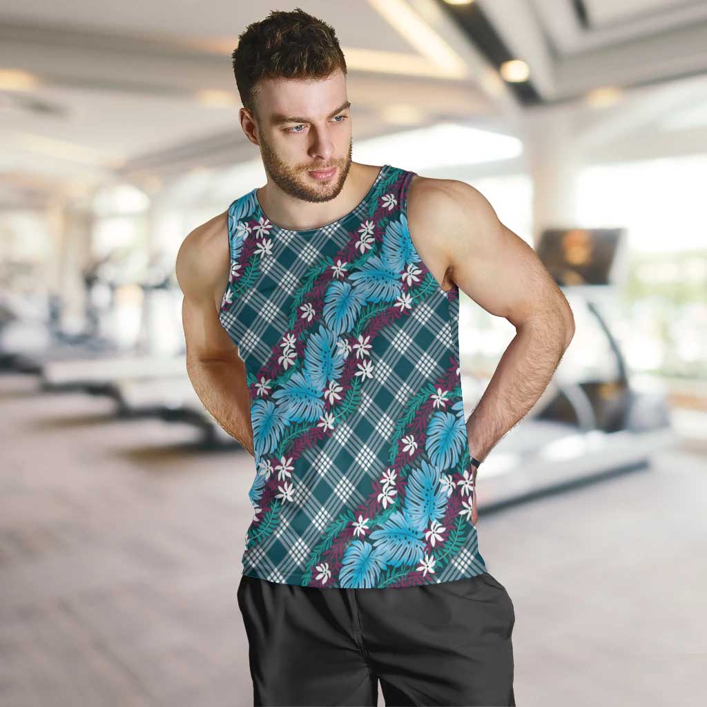 Polynesian Monstera Tiare Floral Men Tank Top Dark Teal Tropical Plaid - Polynesian Pride