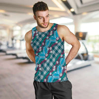 Polynesian Monstera Tiare Floral Men Tank Top Dark Teal Tropical Plaid - Polynesian Pride