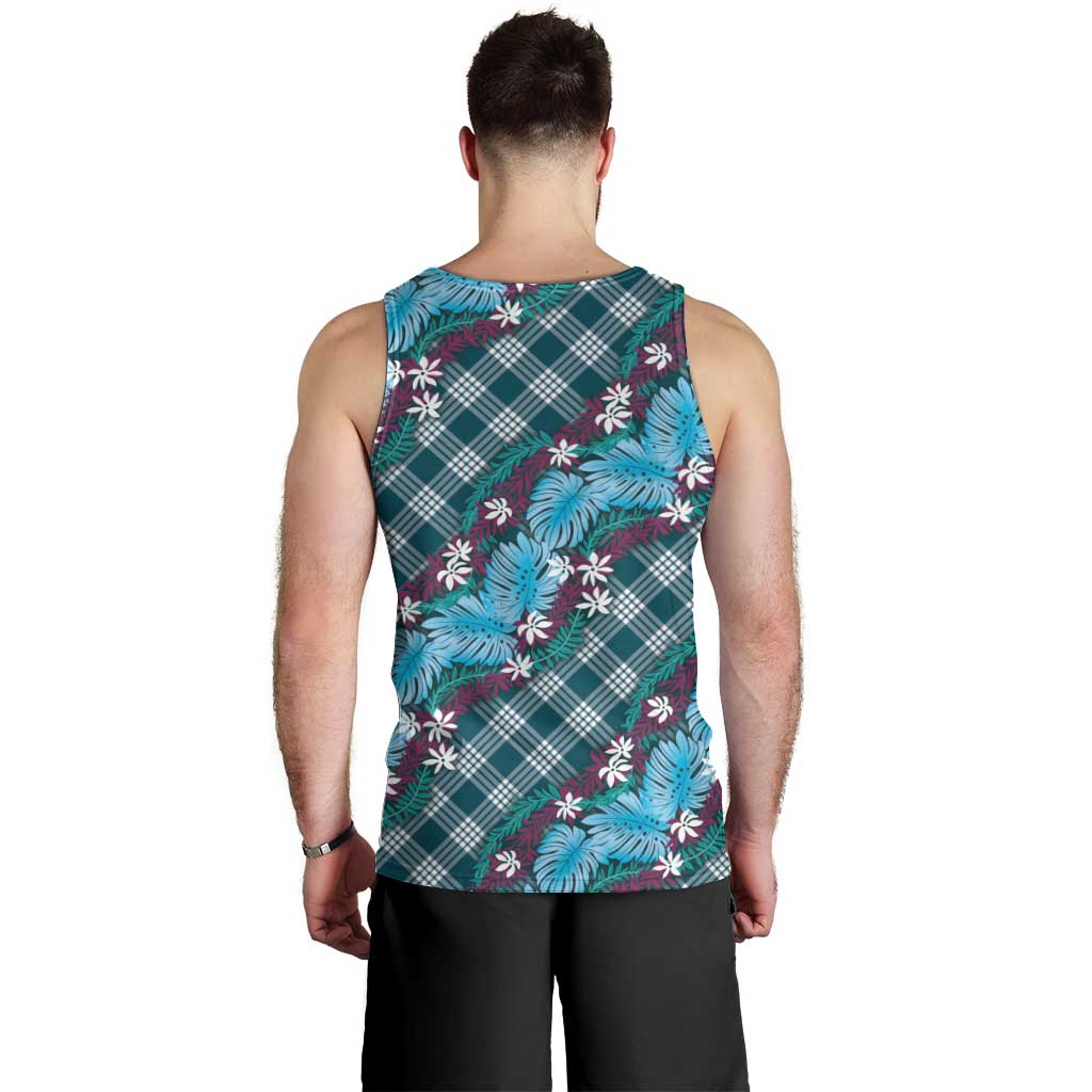 Polynesian Monstera Tiare Floral Men Tank Top Dark Teal Tropical Plaid - Polynesian Pride