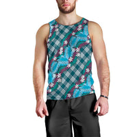Polynesian Monstera Tiare Floral Men Tank Top Dark Teal Tropical Plaid - Polynesian Pride