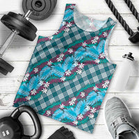 Polynesian Monstera Tiare Floral Men Tank Top Dark Teal Tropical Plaid - Polynesian Pride