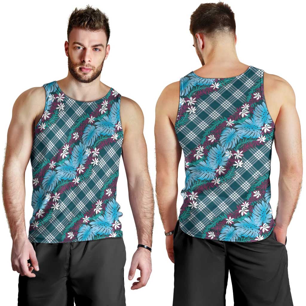 Polynesian Monstera Tiare Floral Men Tank Top Dark Teal Tropical Plaid - Polynesian Pride
