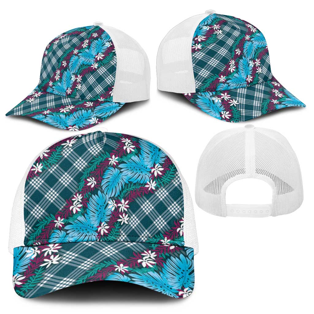 Polynesian Monstera Tiare Floral Mesh Trucker Cap Dark Teal Tropical Plaid - Polynesian Pride