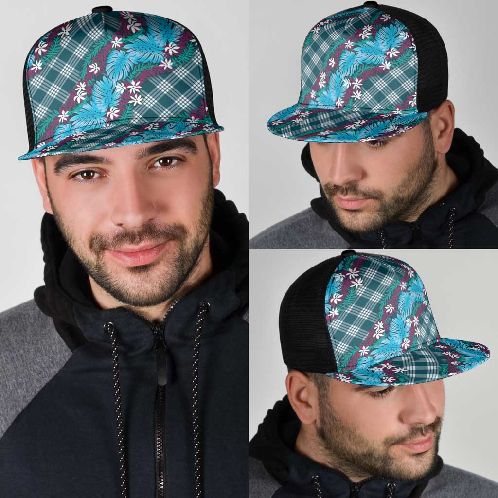 Polynesian Monstera Tiare Floral Mesh Trucker Cap Dark Teal Tropical Plaid - Polynesian Pride