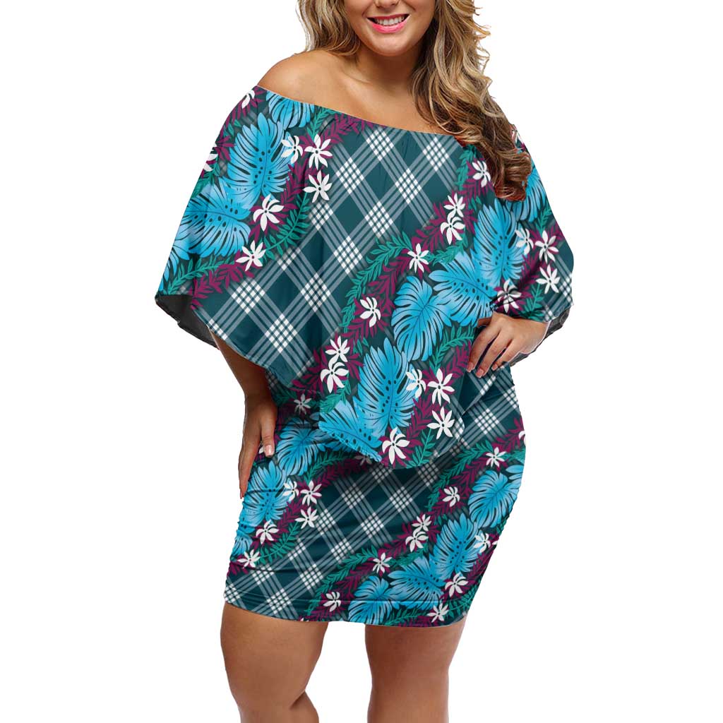 Polynesian Monstera Tiare Floral Off Shoulder Short Dress Dark Teal Tropical Plaid - Polynesian Pride
