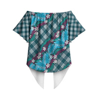 Polynesian Monstera Tiare Floral Off Shoulder Wrap Waist Top Dark Teal Tropical Plaid LT01 - Polynesian Pride