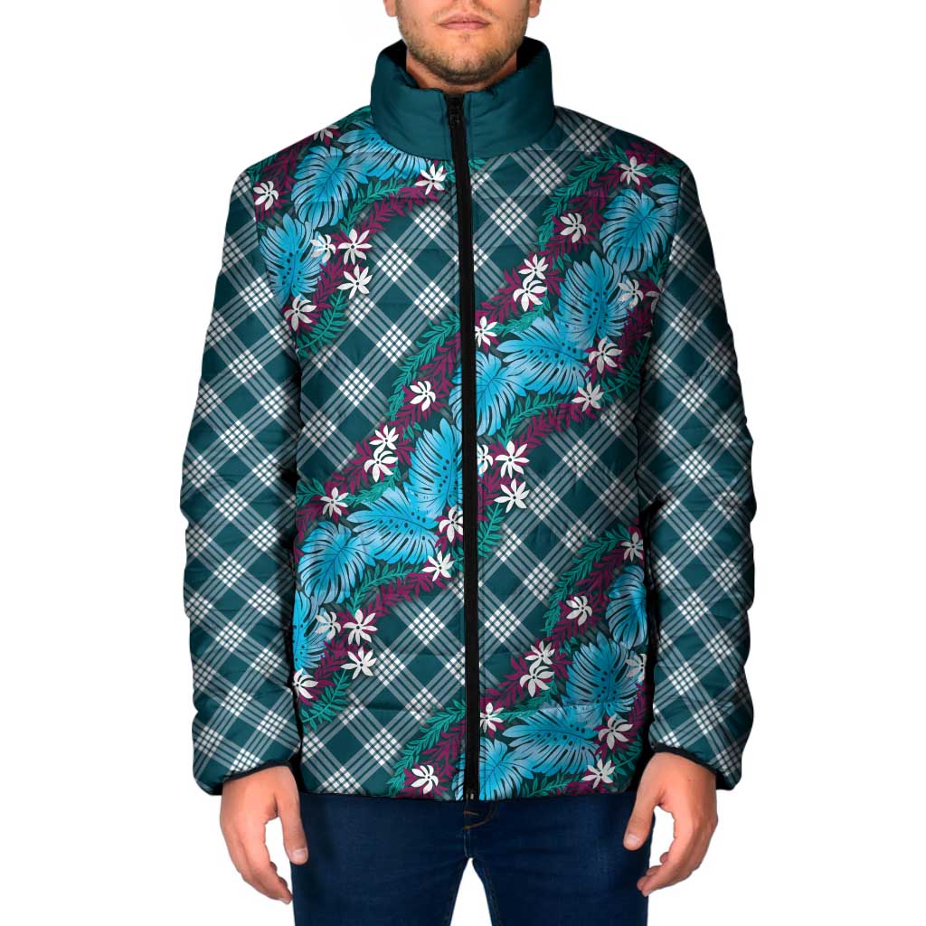 Polynesian Monstera Tiare Floral Padded Jacket Dark Teal Tropical Plaid - Polynesian Pride