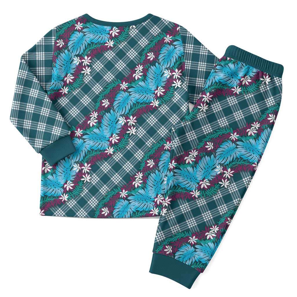 Polynesian Monstera Tiare Floral Christmas Pajama Set Dark Teal Tropical Plaid - Polynesian Pride