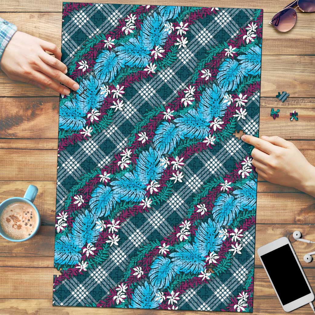 Polynesian Monstera Tiare Floral Puzzle Dark Teal Tropical Plaid - Polynesian Pride