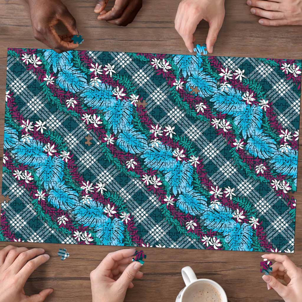 Polynesian Monstera Tiare Floral Puzzle Dark Teal Tropical Plaid - Polynesian Pride