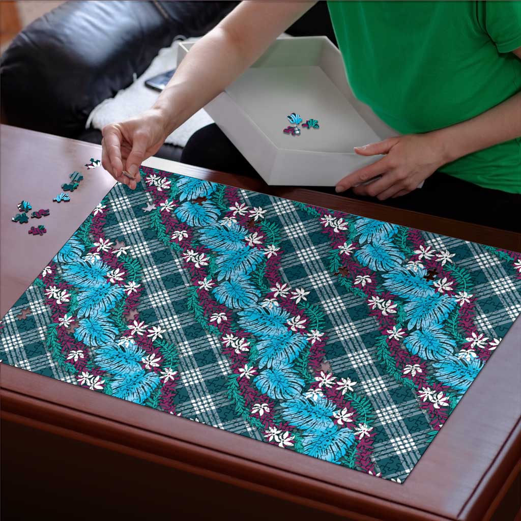 Polynesian Monstera Tiare Floral Puzzle Dark Teal Tropical Plaid - Polynesian Pride