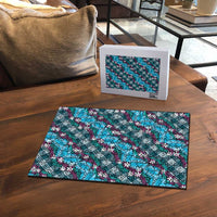 Polynesian Monstera Tiare Floral Puzzle Dark Teal Tropical Plaid - Polynesian Pride