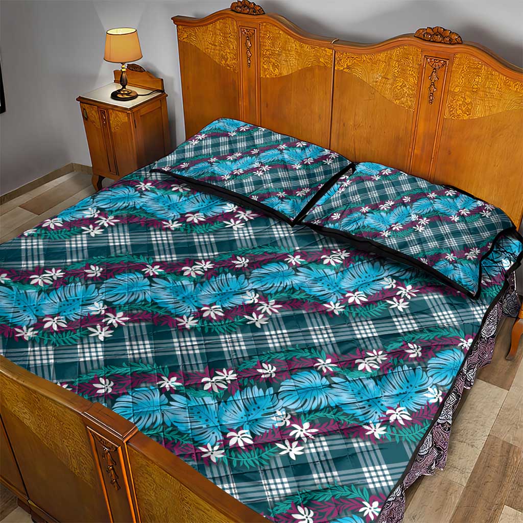 Polynesian Monstera Tiare Floral Quilt Bed Set Dark Teal Tropical Plaid - Polynesian Pride