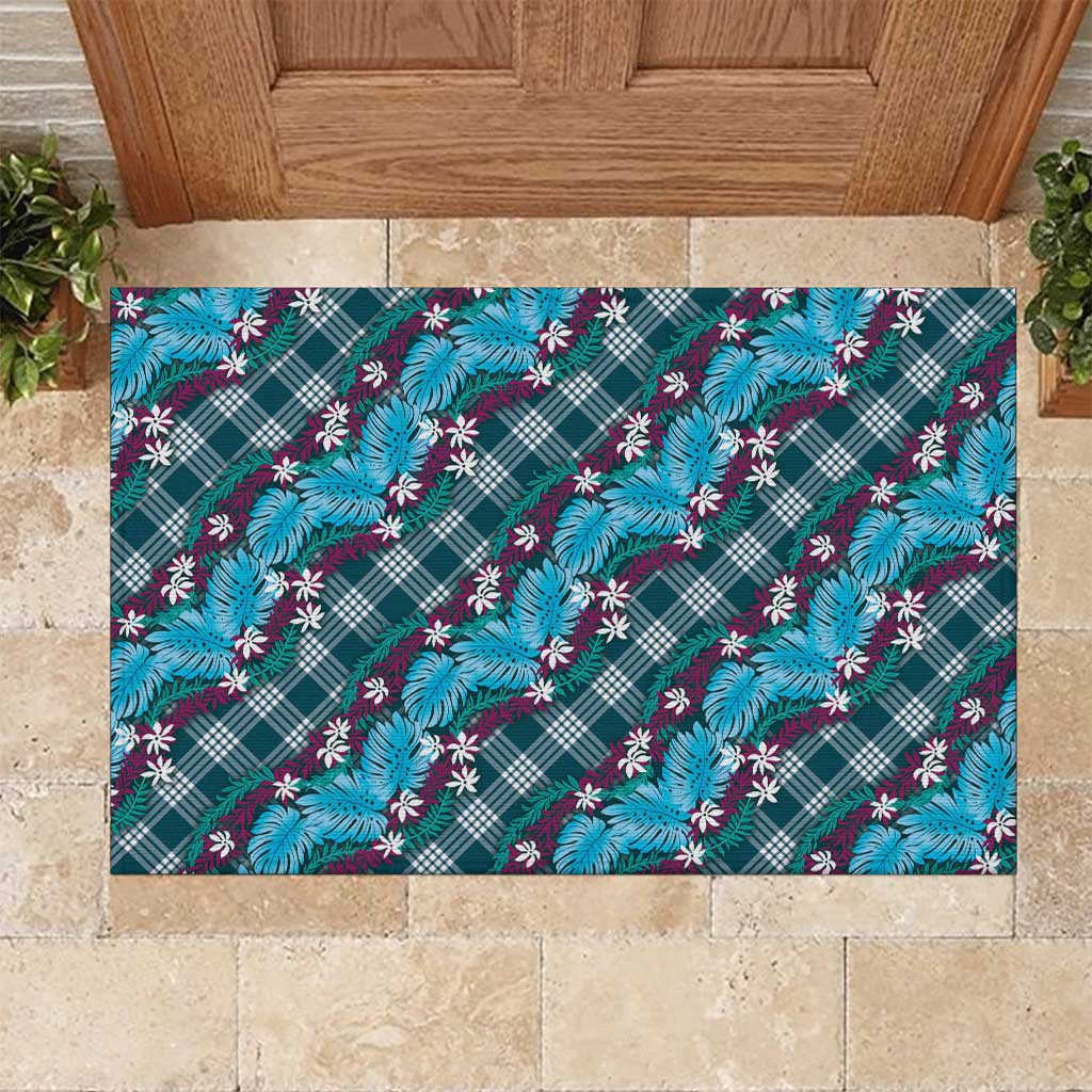 Polynesian Monstera Tiare Floral Rubber Doormat Dark Teal Tropical Plaid - Polynesian Pride
