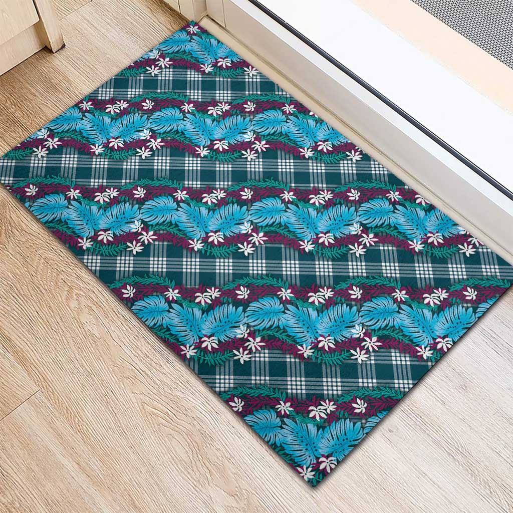 Polynesian Monstera Tiare Floral Rubber Doormat Dark Teal Tropical Plaid - Polynesian Pride
